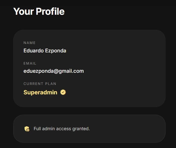 User profile card showing name, email, Superadmin plan badge, and full admin access status