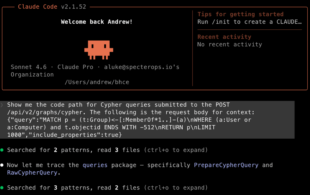 Claude Code tracing a Cypher query code path across a codebase, navigating complex graph database logic in real time