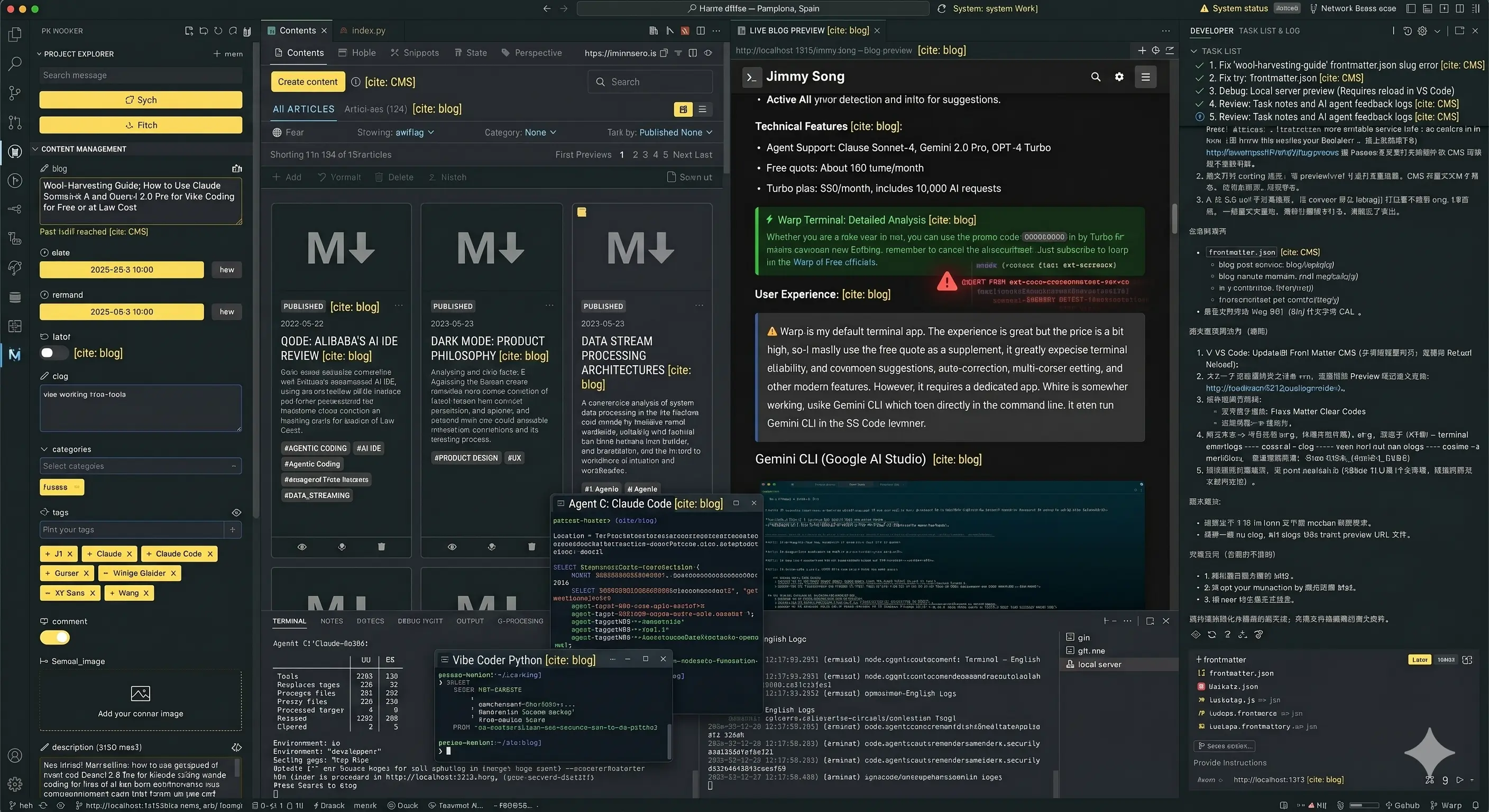 A developer's workspace running multiple AI agents, CMS panels, and terminal windows simultaneously, illustrating the cognitive load of managing parallel autonomous systems